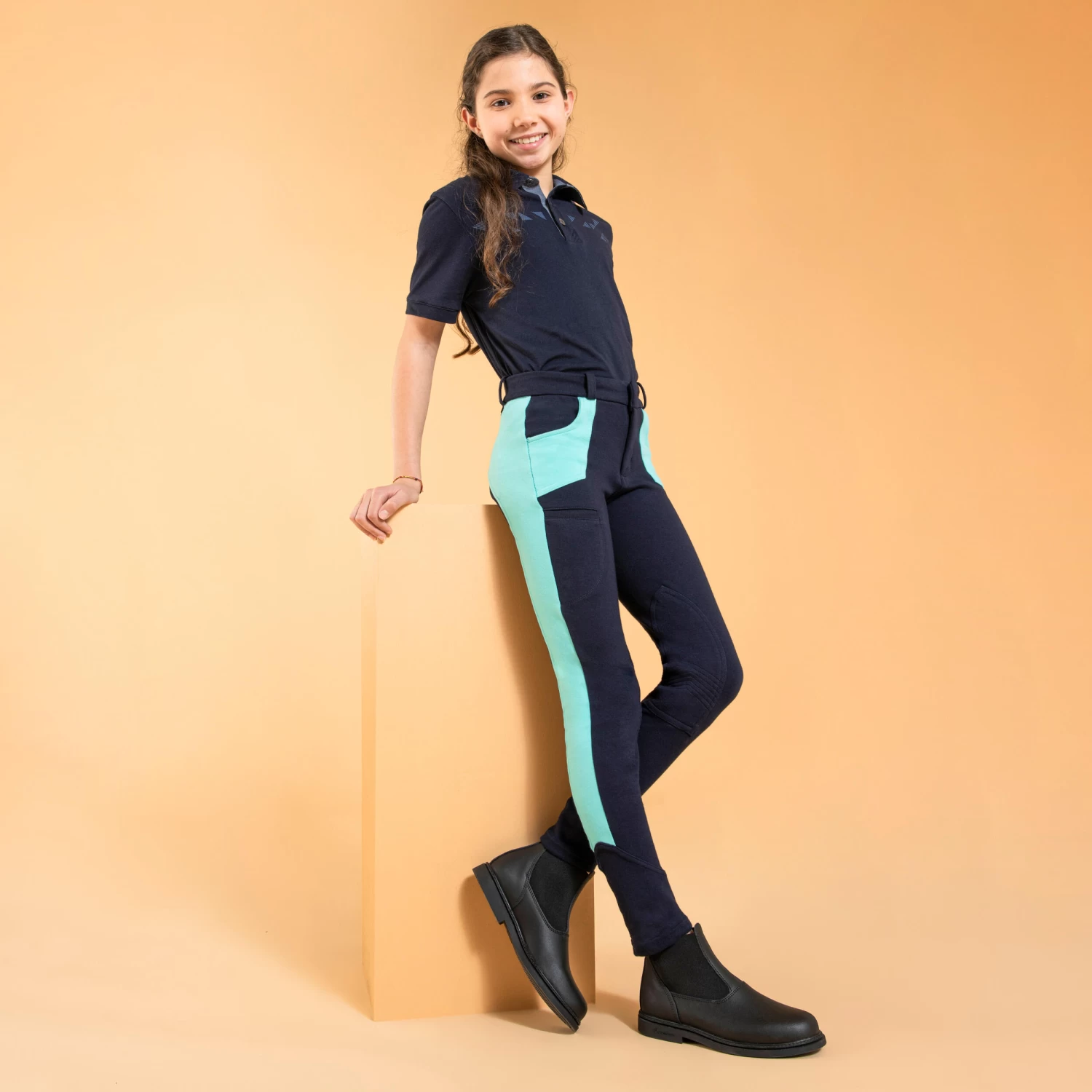 Kids' Horse Riding Jodhpurs 120 - Navy/Turquoise 4 Kids' Horse Riding Jodhpurs 120 - Navy/Turquoise - Image 2