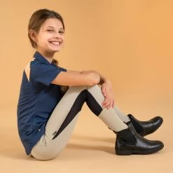 Kids' Horse Riding Lightweight Mesh Jodhpurs With Grippy Suede Patches - 500 Beige -Outdoor Adventure Shop 500 mesh kids horse riding jodhpurs beige navy 2