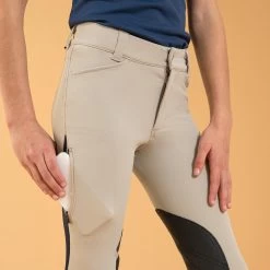 Kids' Horse Riding Lightweight Mesh Jodhpurs With Grippy Suede Patches - 500 Beige -Outdoor Adventure Shop 500 mesh kids horse riding jodhpurs beige navy 3