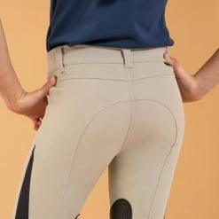 Kids' Horse Riding Lightweight Mesh Jodhpurs With Grippy Suede Patches - 500 Beige -Outdoor Adventure Shop 500 mesh kids horse riding jodhpurs beige navy 4